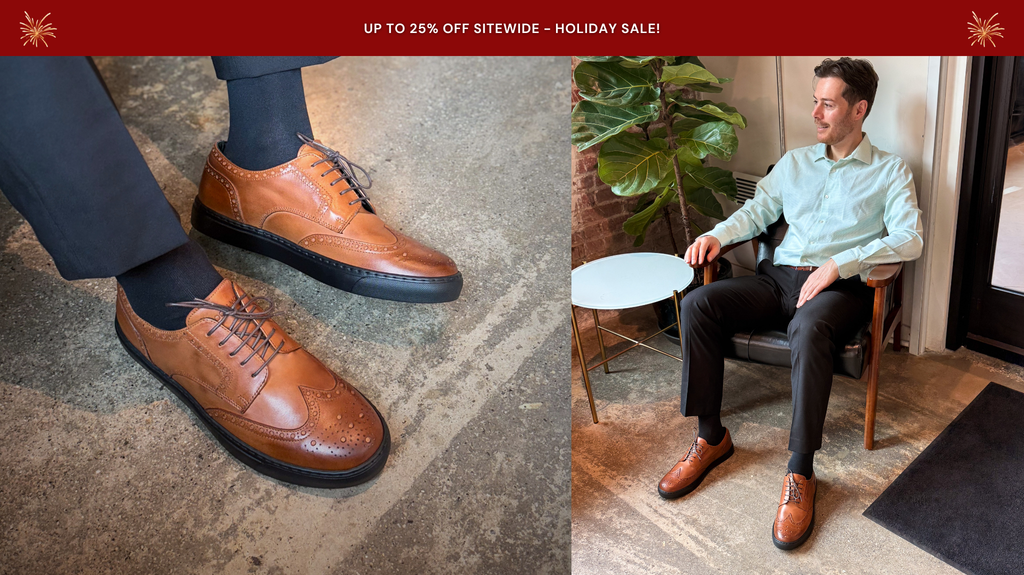 up to 25% off sitewide holiday sale - man wearing cognac leather wingtip brogue dress sneakers made in italy