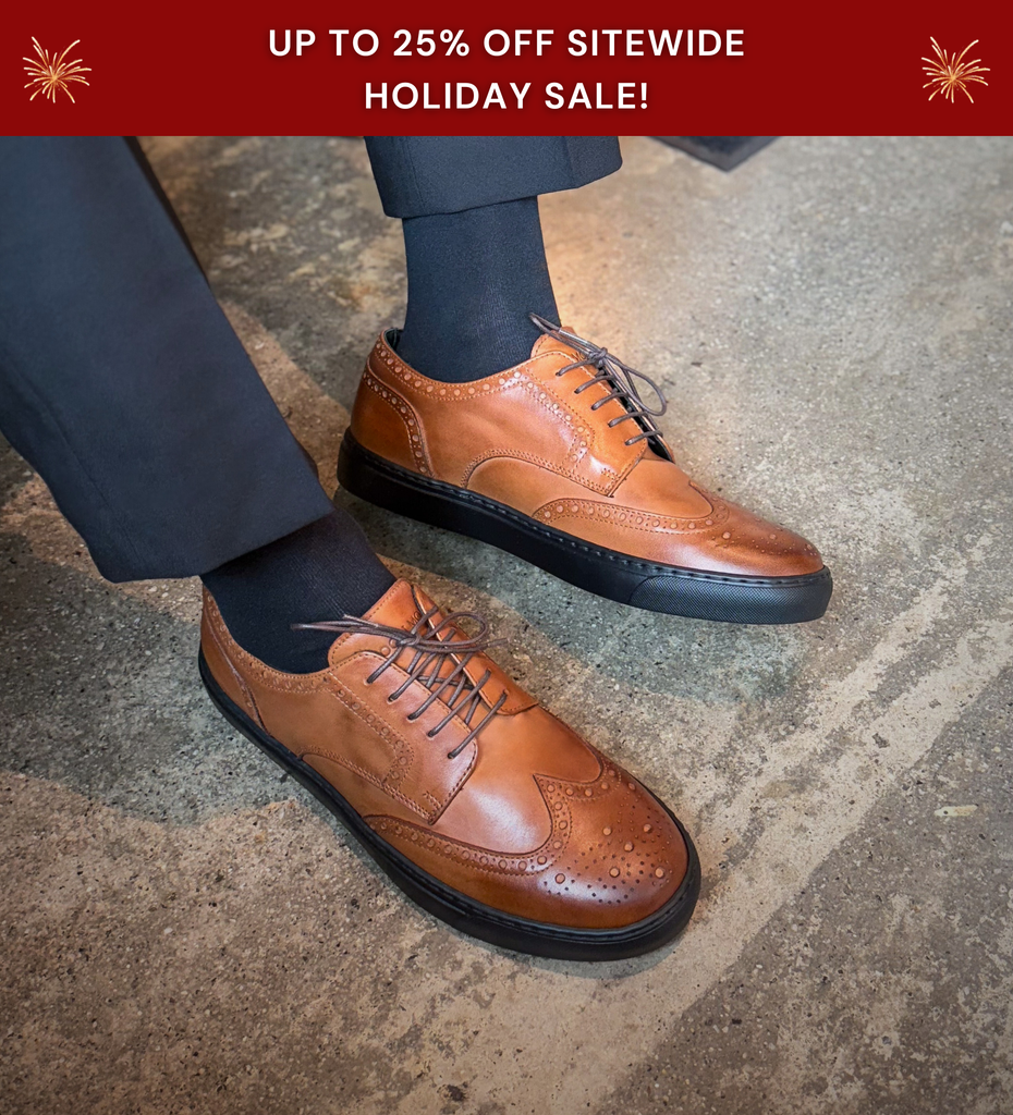 up to 25% off sitewide holiday sale - man wearing cognac leather wingtip brogue dress sneakers made in italy