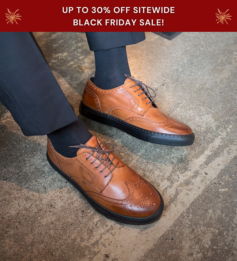 up to 30% off sitewide black friday sale - man wearing cognac leather wingtip brogue dress sneakers made in italy