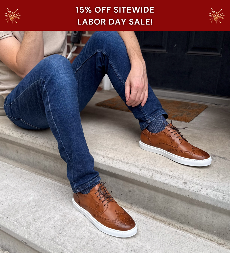 Men's Cognac Leather with White Outsole Wingtip Dress Sneakers - 15% off labor day sale