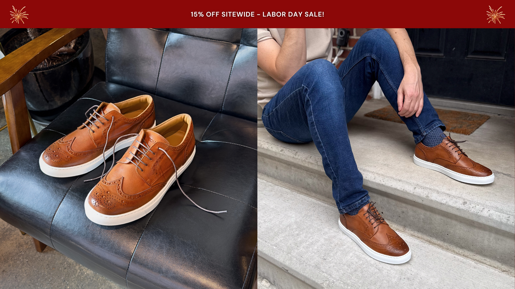 Men's Cognac Leather with White Outsole Wingtip Dress Sneakers - 15% off labor day sale