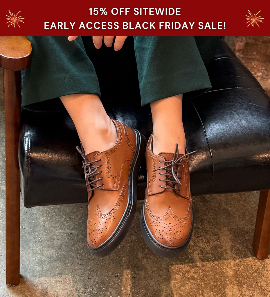 15% off sitewide early access black friday sale - woman wearing cognac leather wingtip brogue dress sneakers made in italy