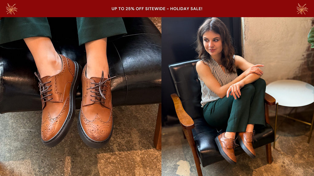 UP TO 25% off sitewide holiday sale - woman wearing cognac leather wingtip brogue dress sneakers made in italy