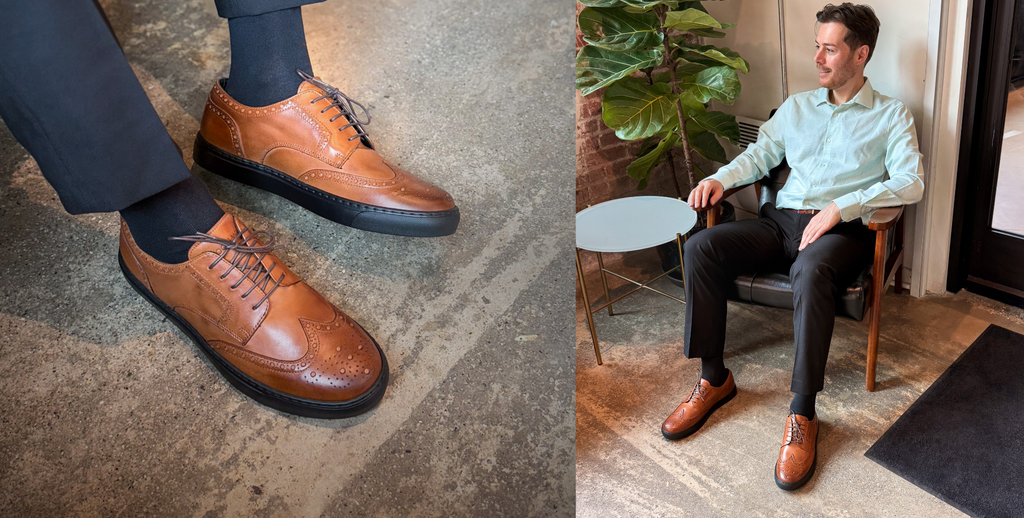 Man wearing brown cognac leather wingtip dress sneakers made in italy