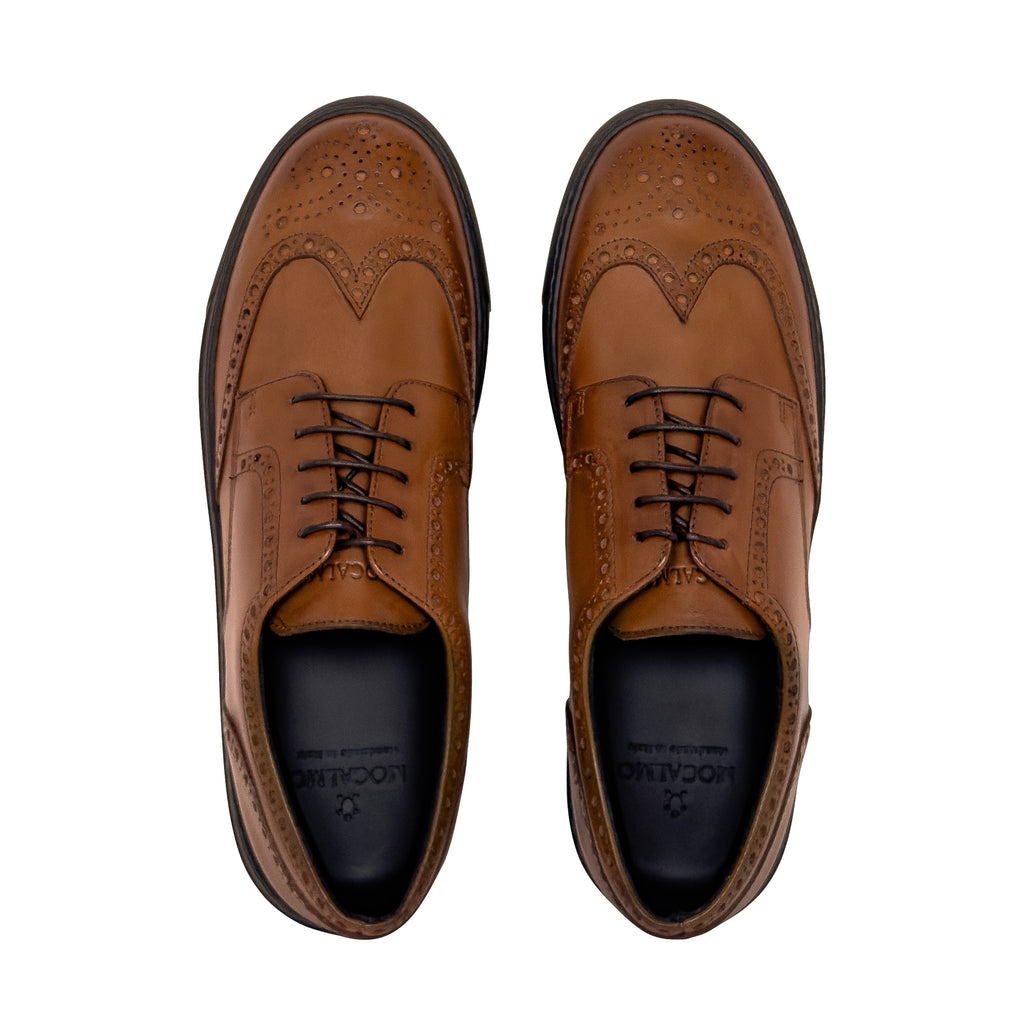 Men's cognac leather brogue wingtip dress sneaker - top view