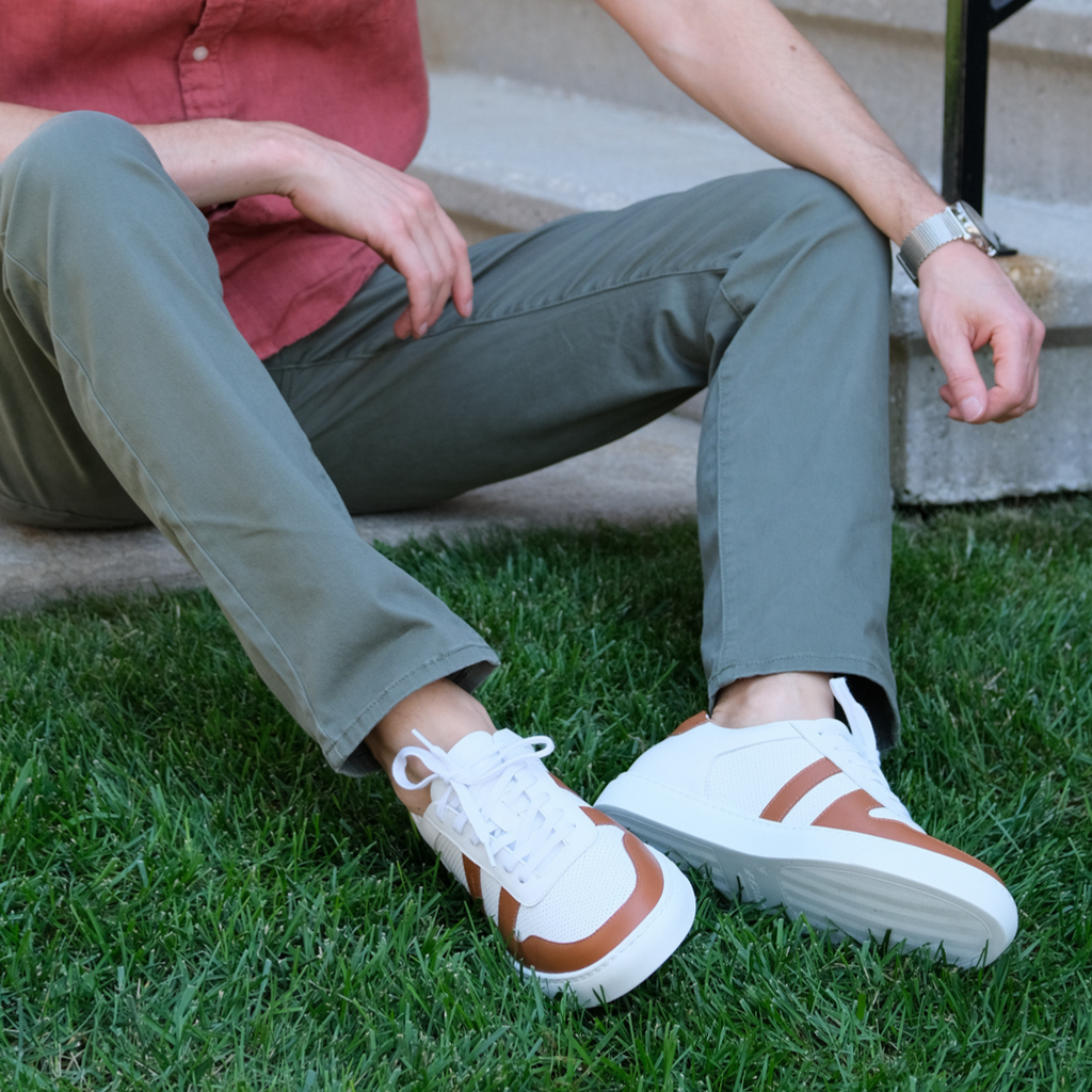 Man wearing brown sneakers with nice casual pants