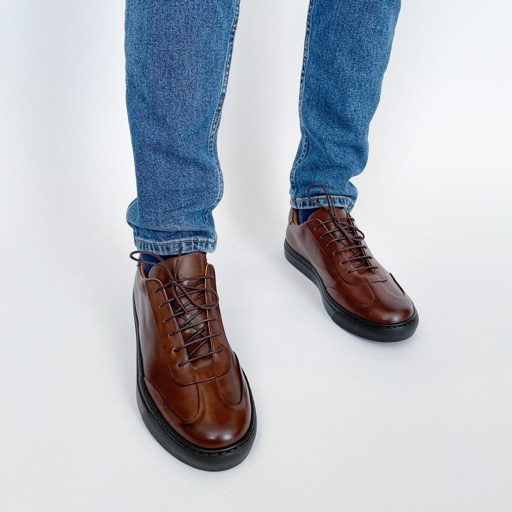 Men Rigoletto Sleek Brown Leather Dress Sneakers Made in Italy