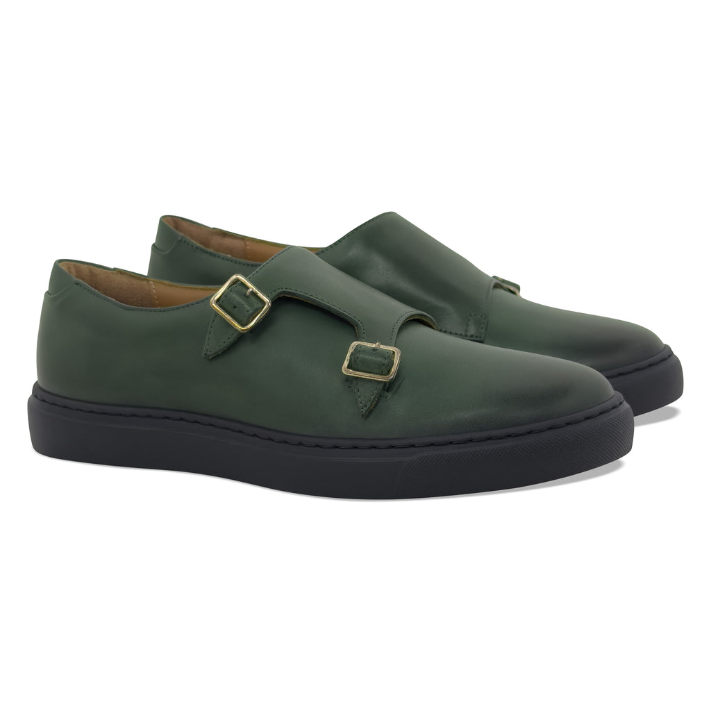 Women's olive green double monk strap leather dress sneaker - angled view