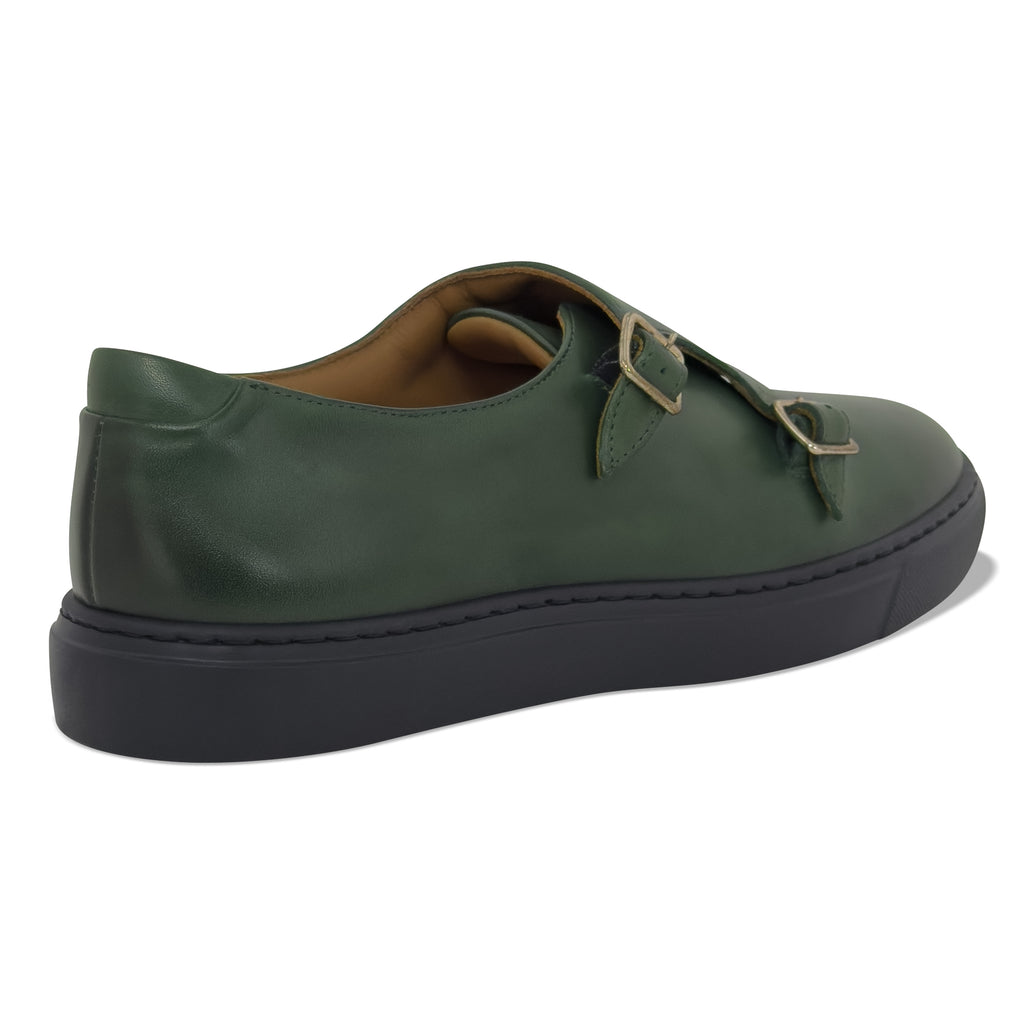 Women's olive green double monk strap leather dress sneaker - back view