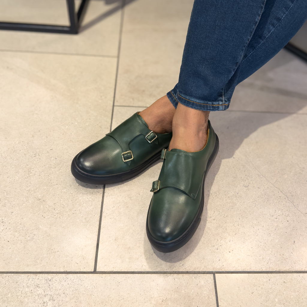 Women's olive green double monk strap leather dress sneaker with jeans