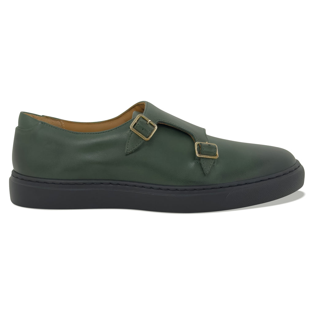 Women's olive green double monk strap leather dress sneaker - side view