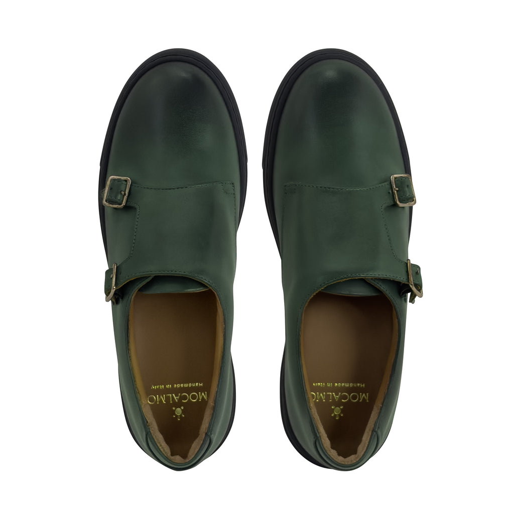 Women's olive green double monk strap leather dress sneaker - top view