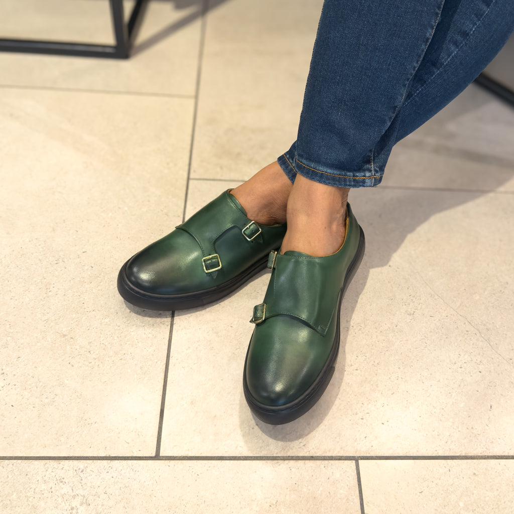 Women's olive green double monk strap leather dress sneaker with jeans