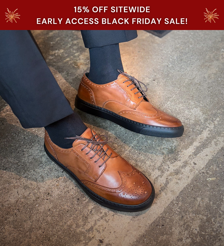 15% off sitewide early access black friday sale - man wearing cognac leather wingtip brogue dress sneakers made in italy
