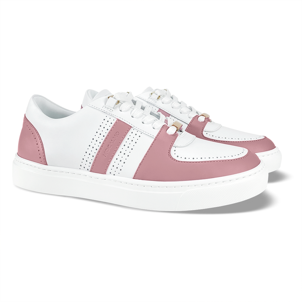 Women's stylish rose pink white sneakers - angled view