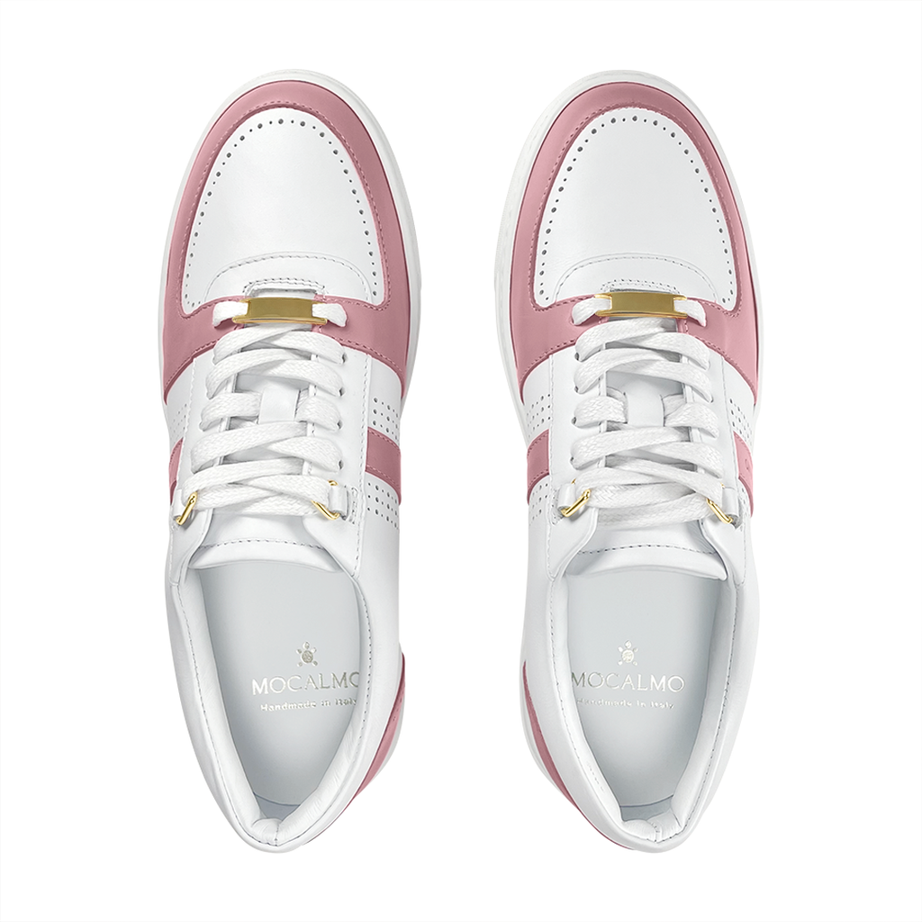 Women's stylish rose pink white sneakers - top view