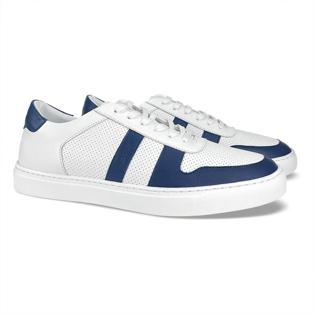 Men's stylish blue and white sneakers - angled view