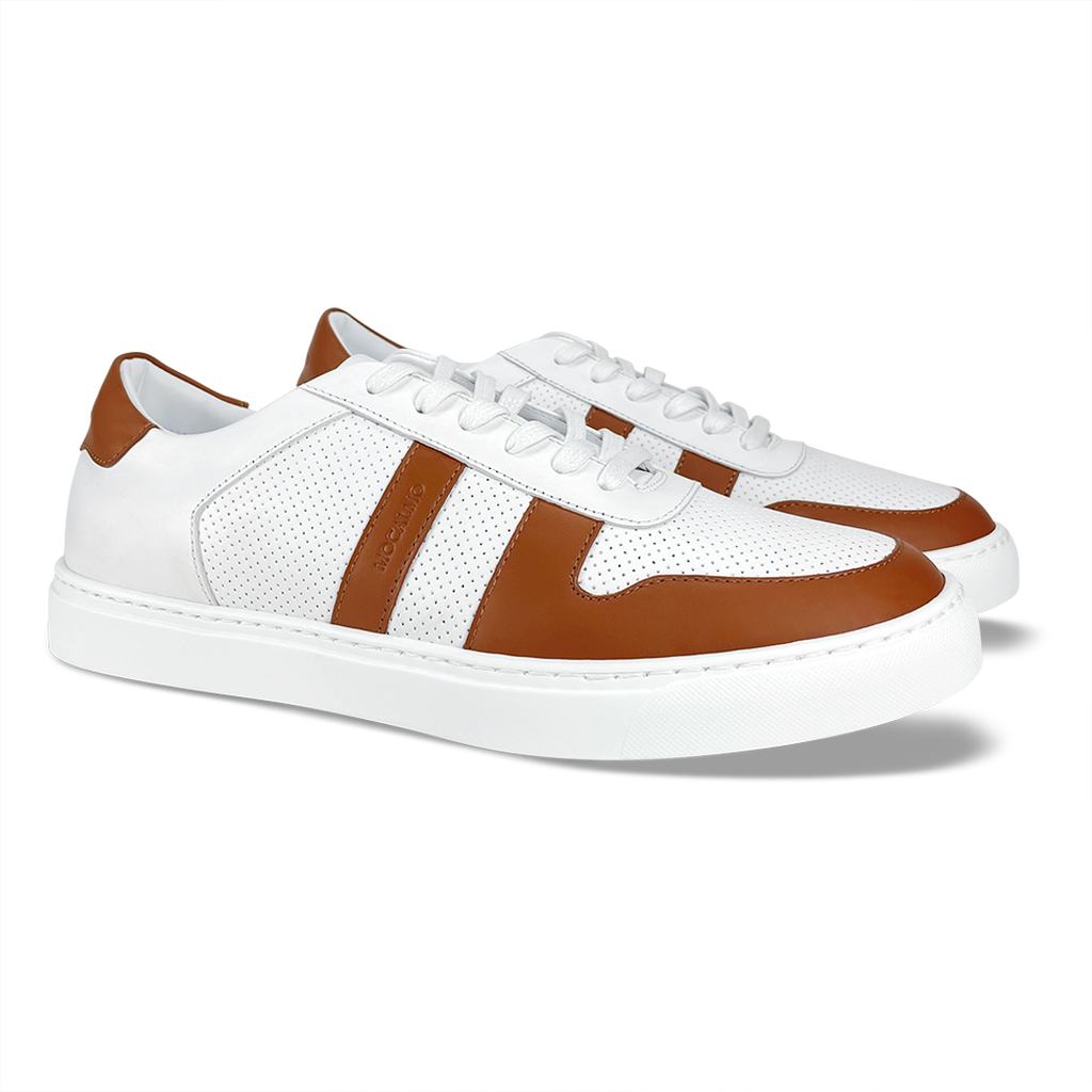 Men's stylish brown and white sneakers - angled view